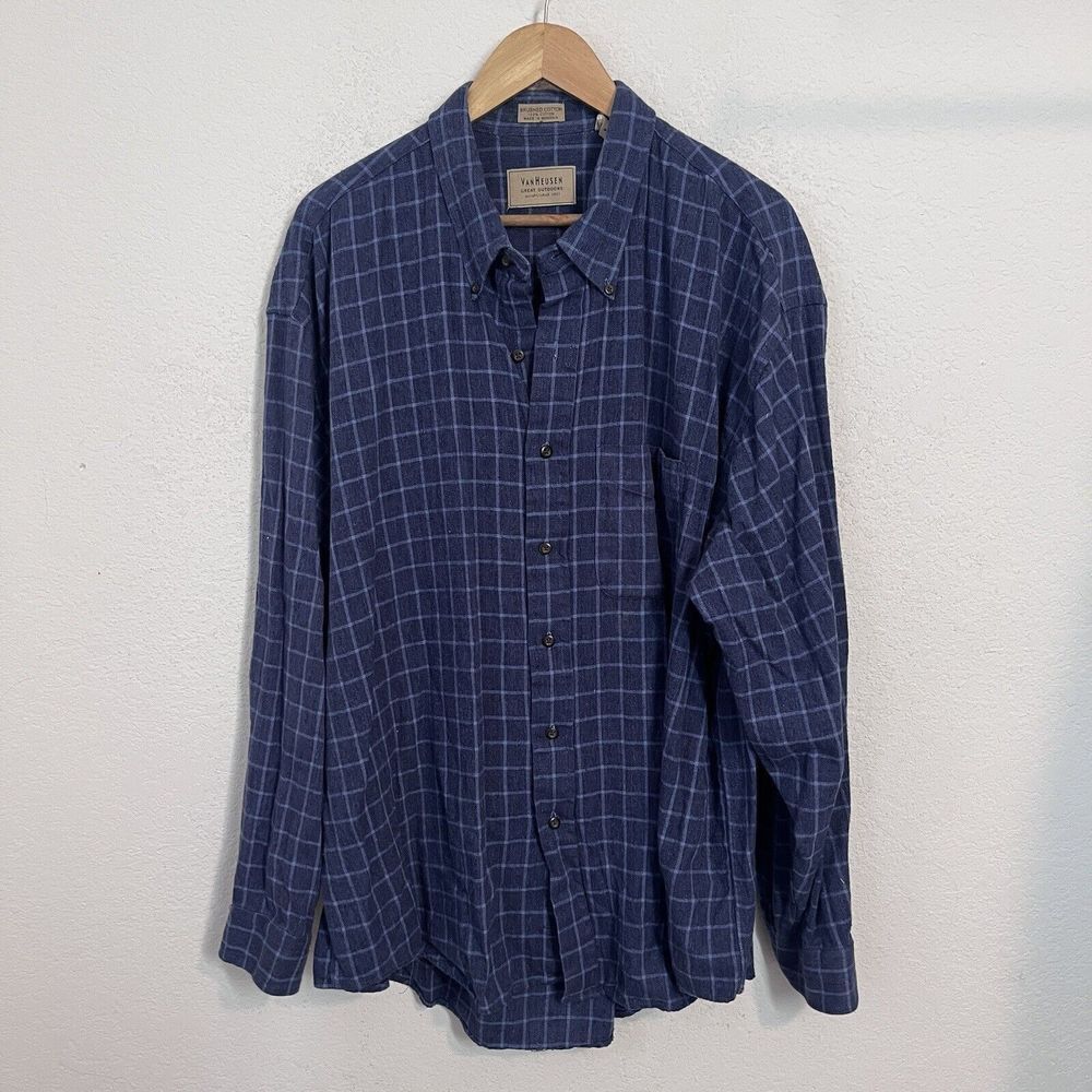 VAN HEUSEN Shirt Mens XXL (18-18.5) Blue Plaid Long Sleeve Brushed Cotton Shirt